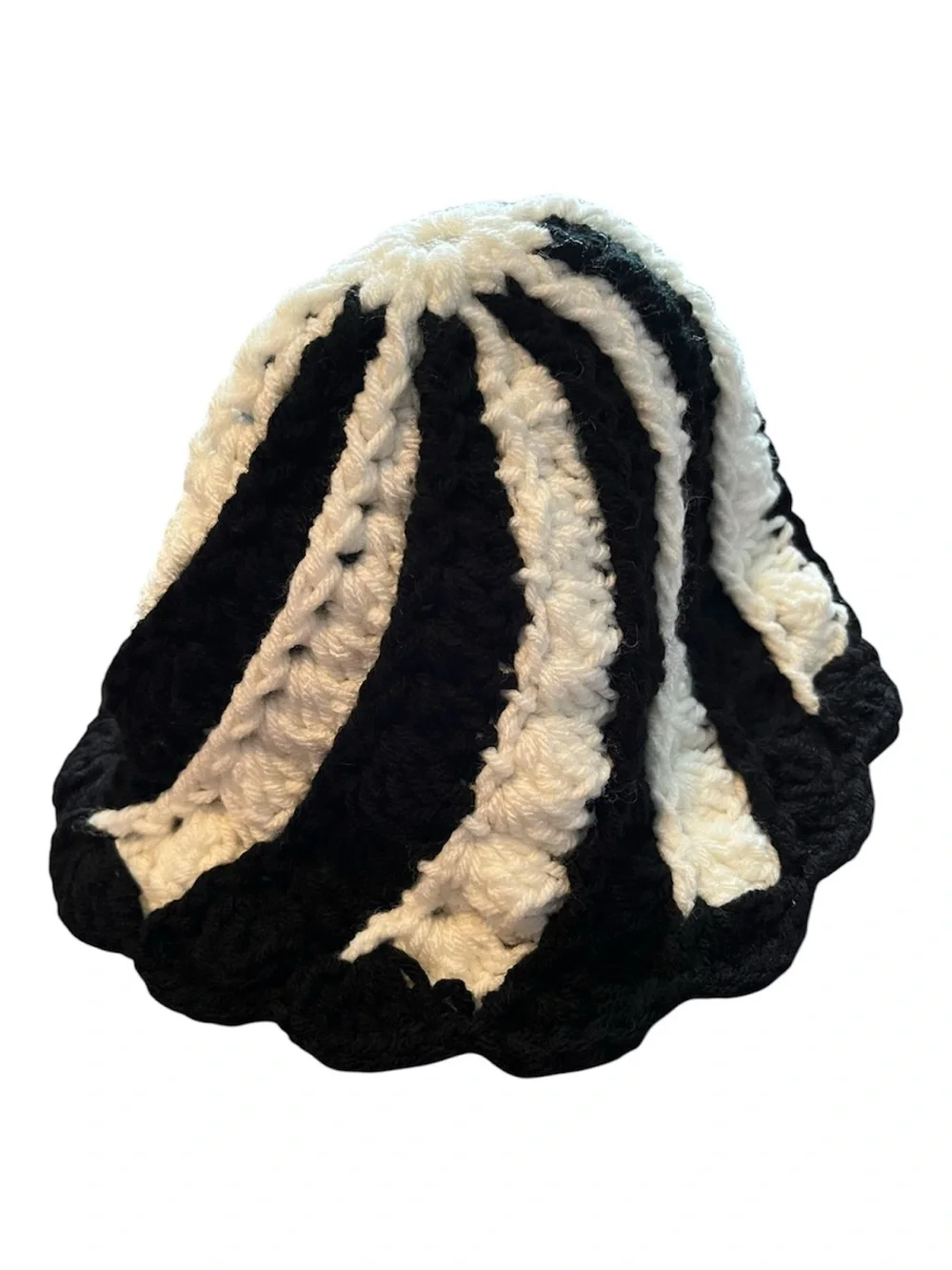 Handmade Black & White Crochet Beanie Adult XL Stretch Knit Hat Boho Cottagecore